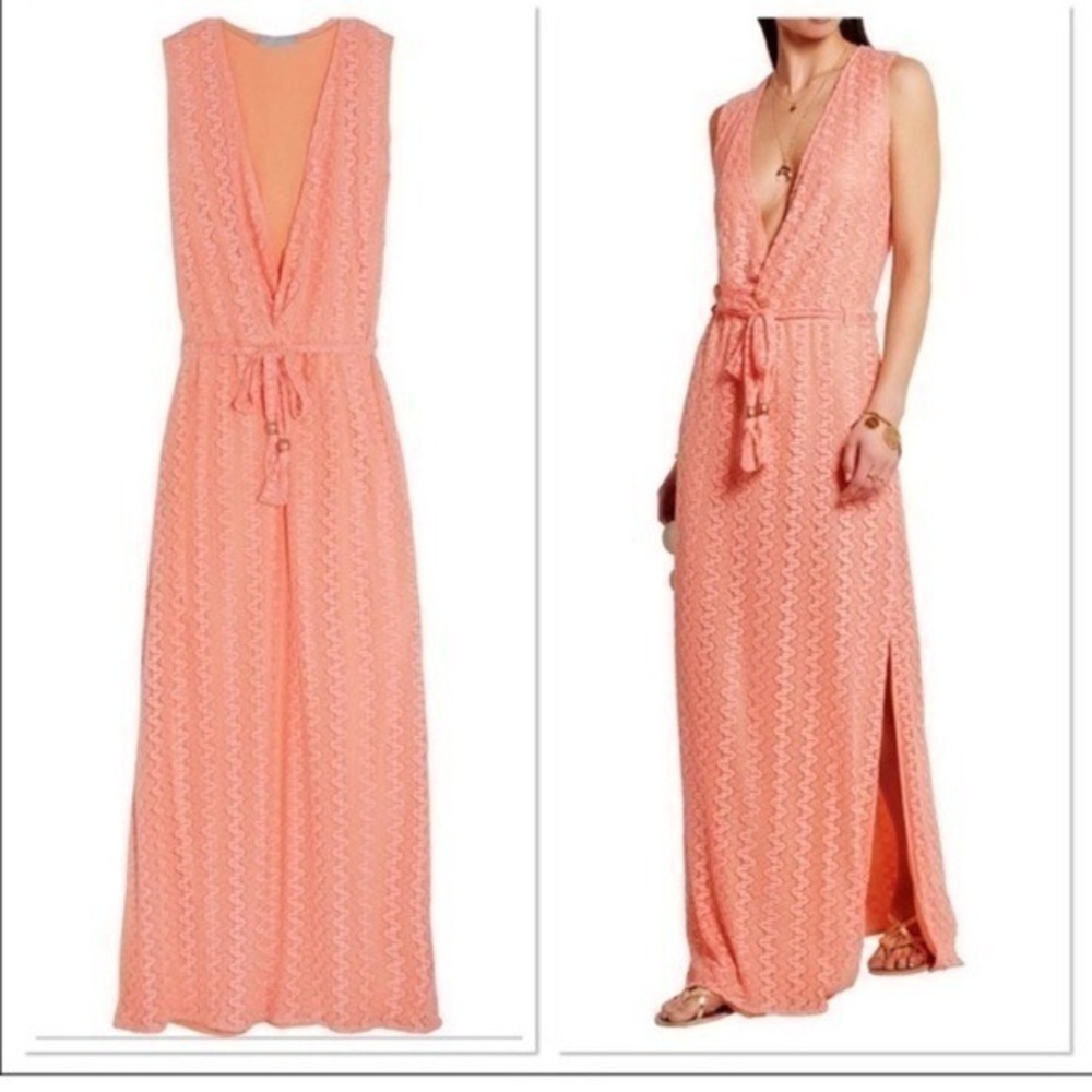 Melissa Odabash Peach Lace Maxi Dress V Neck Tie Waist Slit Size S Swim Coverup